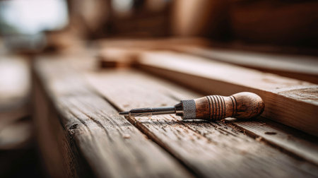 This image captures a vintage woodworking tool resting on a rustic workbench, surrounded by wood shavings, highlighting the artistry and detail of craftsmanship in a cozy workshop.の素材
