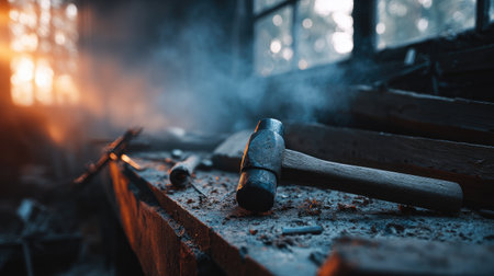 A captivating view of a rustic workshop, featuring a solitary hammer on a dusty workbench, with warm sunlight casting a serene glow through the windows.の素材