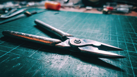 A close-up image of silver metal scissors placed on a green cutting mat, surrounded by various tools, showcasing precision and craftsmanship ideal for DIY enthusiasts.の素材