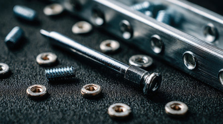 A detailed close-up featuring a metal screw and various hardware items on a dark background, showcasing precision engineering tools in a technical and workshop setting.の素材