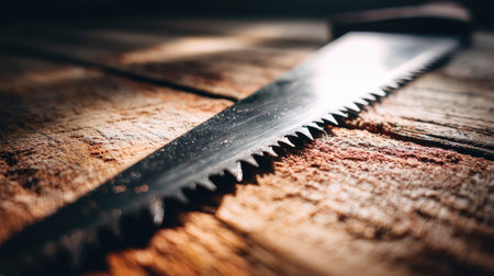 This close-up image features a vintage hand saw resting on a rustic wood surface. It highlights the intricacies of the blade and the texture of the wood, capturing a nostalgic feel ideal for carpentry and DIY projects.の素材