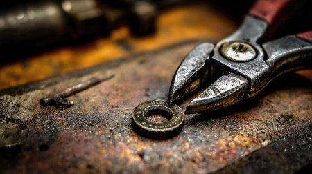 A stunning close-up of worn pliers gripping a metal washer, resting on a textured workbench. This image captures industrial details and the artistry of craftsmanship.の素材