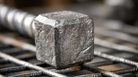 This close-up image showcases an industrial steel bolt resting on a metal grid surface, highlighting intricate textures and lighting, perfect for themes in construction and engineering.の素材