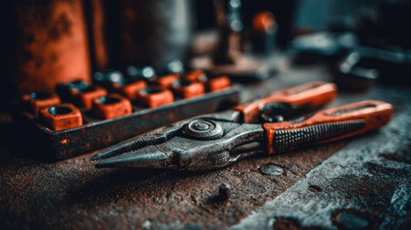 An artistic close-up of vintage pliers resting on a rustic workbench, highlighting the beauty of aged tools and the essence of a hardworking workshop atmosphere.の素材
