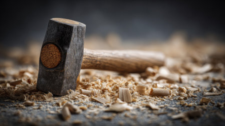 This image features a wooden mallet lying on wood shavings, emphasizing the textures and details of the material, ideal for woodworking and craft-related projects.の素材