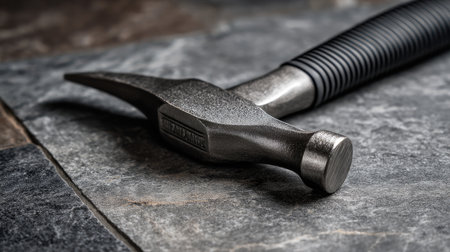 Close-up image of a steel hammer resting on a textured slate surface. The hammer features a firm grip and sharp claw, ideal for various construction and DIY projects.の素材