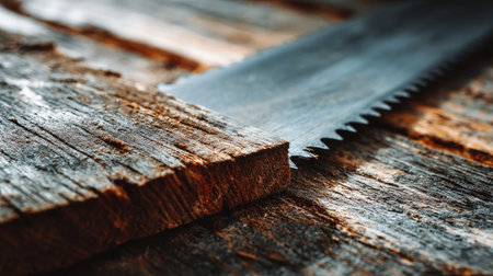 This image presents a close-up view of a wooden surface alongside a hand saw blade, showcasing the intricate texture and grain of timber in woodworking.の素材