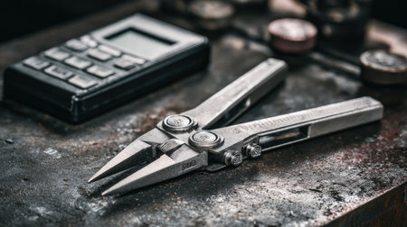A detailed shot of stainless steel precision tools resting on a rustic workbench near a calculator, emphasizing the artistry of engineering and skilled trades in a workshop.の素材