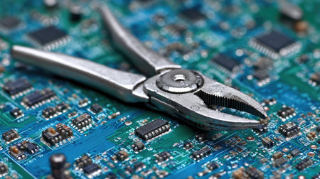 Close-up image featuring metal pliers resting on a detailed circuit board filled with electronic components. Ideal for concepts related to technology repair and maintenance.の素材