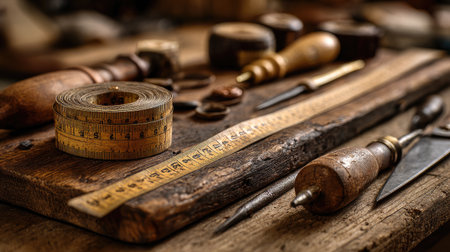 Discover a serene setting featuring vintage woodworking tools including chisels and a measuring tape on a rustic workbench, illuminated by natural lighting.の素材