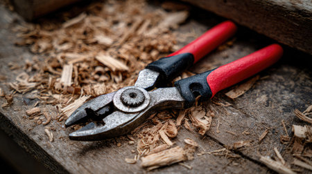 A close view of a rusty pliers resting on a wooden surface with scattered wood shavings. This image emphasizes craftsmanship and maintenance in a workshop environment.の素材