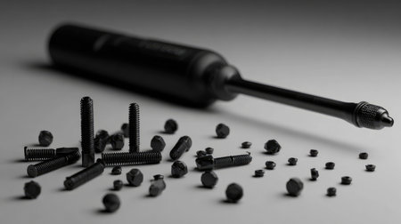 A striking black and white image showcasing a screwdriver alongside assorted metal screws, emphasizing details and textures, ideal for crafts, repair, and industry themes.の素材