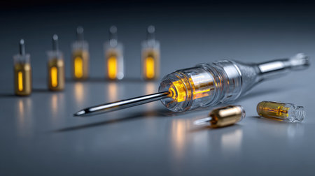 A striking image features a syringe alongside vials filled with yellow liquid, illustrating medical precision and technology in drug administration and healthcare contexts.の素材