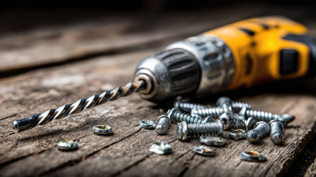 A detailed view of a cordless drill with a metal screw bit resting on a rustic wooden surface with scattered screws, perfect for showcasing home improvement and repair tools.の素材
