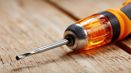 A detailed close-up of a Phillips screwdriver with an ergonomic orange grip resting on a wooden surface, perfect for projects, repairs, and home improvement tasks.の素材