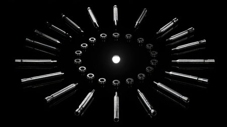 A dramatic display features a variety of metal parts arranged in a circular formation against a black background, illuminated by a central light source, showcasing intricate design and elegance.の素材