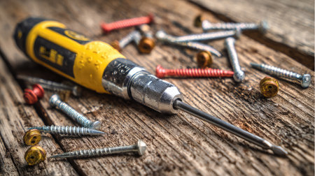 This image captures a screwdriver surrounded by an assortment of screws on weathered wood, perfect for highlighting craftsmanship and repair themes in projects.の素材