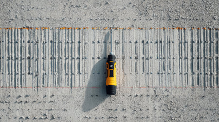 A detailed view of a precision tool on a concrete surface, displaying measurement marks and guidelines, ideal for showcasing construction and DIY projects.の素材