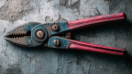 This image features vintage pliers with a red and blue color scheme resting on a textured surface. The worn details add character, making it ideal for various projects.の素材