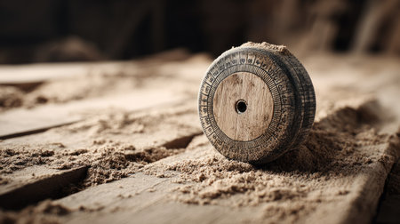 A beautifully crafted vintage wooden object lies on a rustic wooden surface, surrounded by soft sawdust, evoking warmth and charming simplicity in this serene composition.の素材