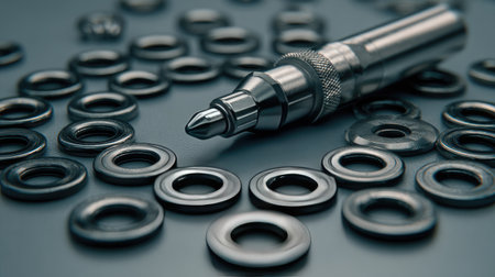 A detailed close-up view of a precision tool surrounded by various washers and grommets on a workbench, perfect for showcasing industrial and mechanical themes.の素材