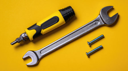 A vibrant display of a screwdriver, wrench, and screws on a bright yellow background, perfect for showcasing tools for home improvement and maintenance projects.の素材