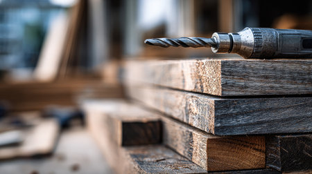 A close-up view of wooden planks stacked on a workbench in a carpentry workshop, featuring a power drill ready for use, highlighting craftsmanship in woodworking.の素材