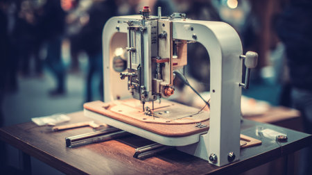 A vintage sewing machine sits on a wooden table, beautifully crafted and designed, surrounded by a lively atmosphere at a craft fair, reflecting creativity and artistry.の素材