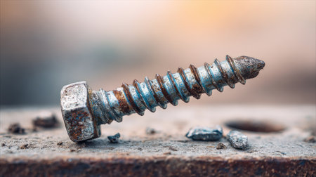 This macro photograph features a rusted screw lying on a weathered surface, highlighting the intricate details of the corrosion and the aged metal in an industrial setting.の素材