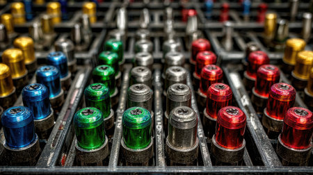This close-up image showcases a vibrant arrangement of bullet casings in various colors, highlighting intricate details and textures for enthusiasts and collectors.の素材