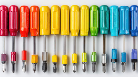 A vibrant array of screwdrivers in bright colors laid out neatly. Ideal for showcasing tools in home improvement and DIY projects, emphasizing precision and organization.の素材