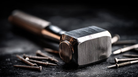 This image captures a vintage hammer on a dark surface, surrounded by scattered nails. It highlights the intricate details of craftsmanship and the essence of manual work.の素材