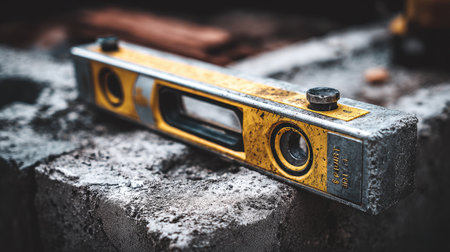 A close-up view of a weathered spirit level tool resting on a concrete block, showcasing its importance in construction and renovation work for achieving accurate measurements.の素材