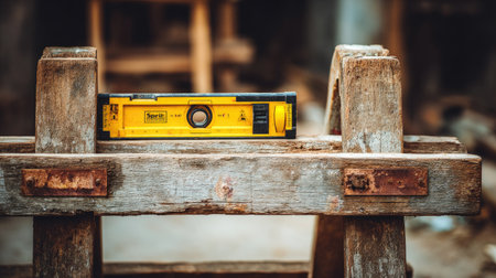 A yellow spirit level rests on a rustic wooden workbench, showcasing its essential role in achieving precision measurements during construction and carpentry projects.の素材