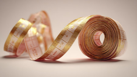 This image showcases an elegant measuring tape spiraled in a graceful form, highlighting its vibrant colors and intricate design, ideal for various creative projects.の素材