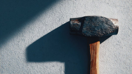 A close-up image of a hammer lying on a rough concrete surface, showcasing the details of the tool and its shadow, emphasizing utility and craftsmanship.の素材