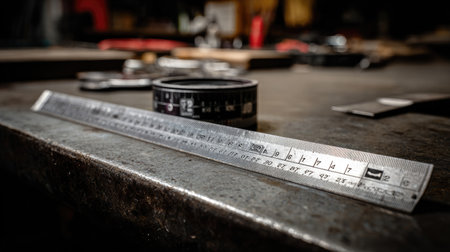 A detailed close-up image of a silver measuring tool resting on an industrial table, surrounded by various tools, showcasing the craftsmanship and precision in a workshop setting.の素材