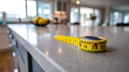 A vibrant yellow measuring tape lies on a sleek kitchen countertop, capturing a contemporary home environment filled with natural light and inviting decor.の素材