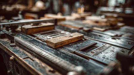 Detailed view of an old printing press featuring wooden blocks resting on a weathered surface, illustrating the beauty of traditional printmaking craftsmanship in a workshop.の素材