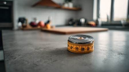 A close-up shot of a yellow measuring tape resting on a stylish concrete kitchen countertop. The blurred background features a modern kitchen layout with cheerful decor elements.の素材