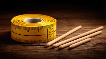 A detailed view of a yellow measuring tape alongside wooden pencils, resting on a dark wooden surface. This image highlights essential tools for crafting and DIY projects.の素材