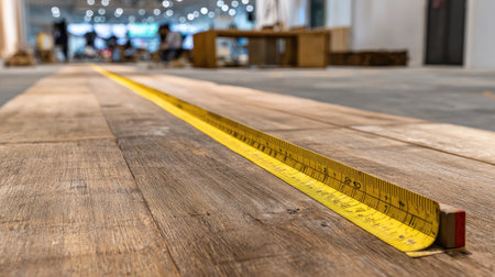 A vibrant yellow measuring tape lays prominently on wooden flooring, capturing the essence of construction and design work in a modern workspace filled with potential.の素材