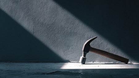 A solitary steel hammer lies on a concrete floor, illuminated by soft light and casting subtle shadows, creating an artistic and minimalistic composition ideal for creative projects.の素材
