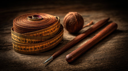 Capture the essence of creativity with this vintage measuring tape, wooden tools, and a ball of yarn, perfect for artisans and crafters seeking inspiration in their workspace.の素材