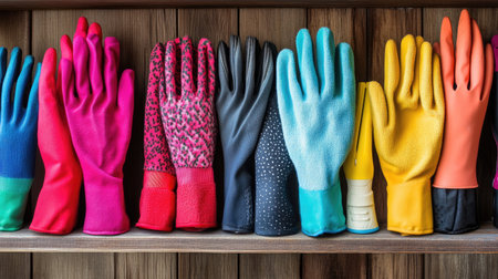 A vibrant collection of rubber gloves arranged on a wooden shelf showcases different colors and patterns, ideal for cleaning and household tasks while adding a pop of style.の素材