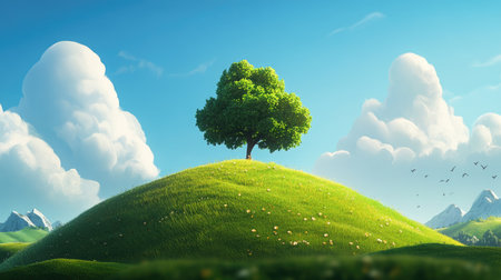 A vibrant landscape featuring a single tree atop a lush green hill under a bright blue sky. Fluffy clouds and distant birds complete this serene nature scene.の素材