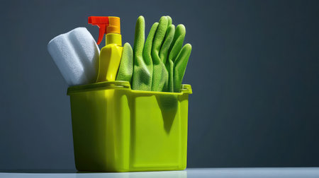 A vibrant green container filled with essential cleaning supplies including gloves, a spray bottle, and a sponge, ideal for effective cleaning in various settings.の素材