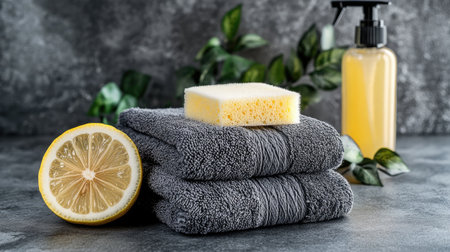 A neatly arranged set of grey towels with a fresh lemon slice and a yellow cleaning bottle alongside a natural sponge, perfect for a clean and refreshing space.の素材