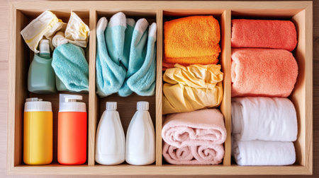 This image showcases an organized wooden drawer filled with colorful cleaning supplies and neatly folded towels, emphasizing cleanliness and efficient home management aesthetics.の素材