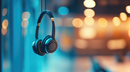 A pair of elegant black headphones hangs softly against a blurred backdrop of warm bokeh lights, enhancing the serene atmosphere for music enjoyment and relaxation.の素材